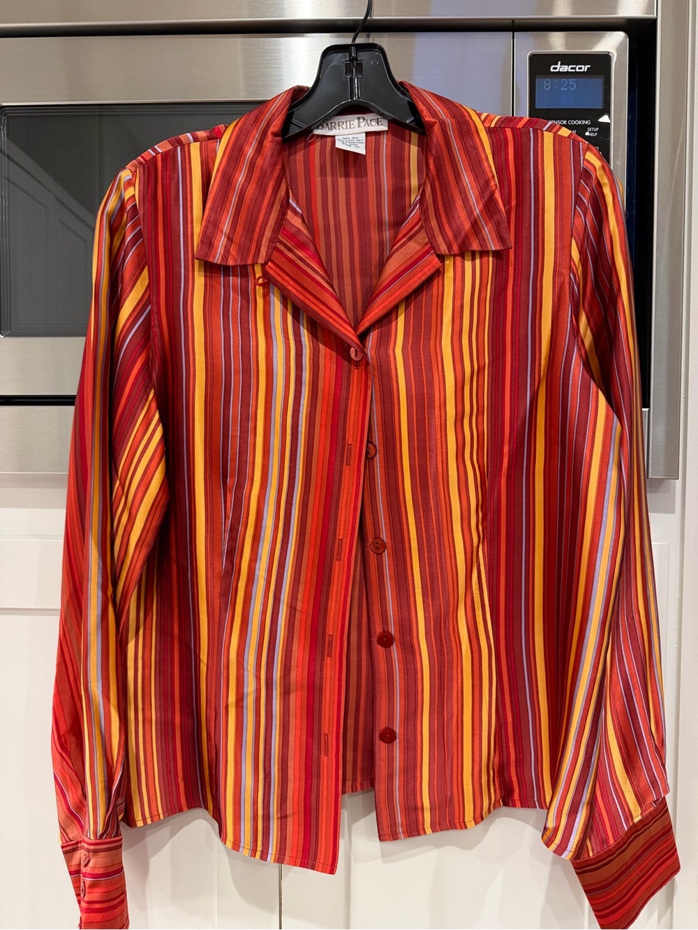 Barrie Pace silk Red Multi-Stripe Button-Up Blouse